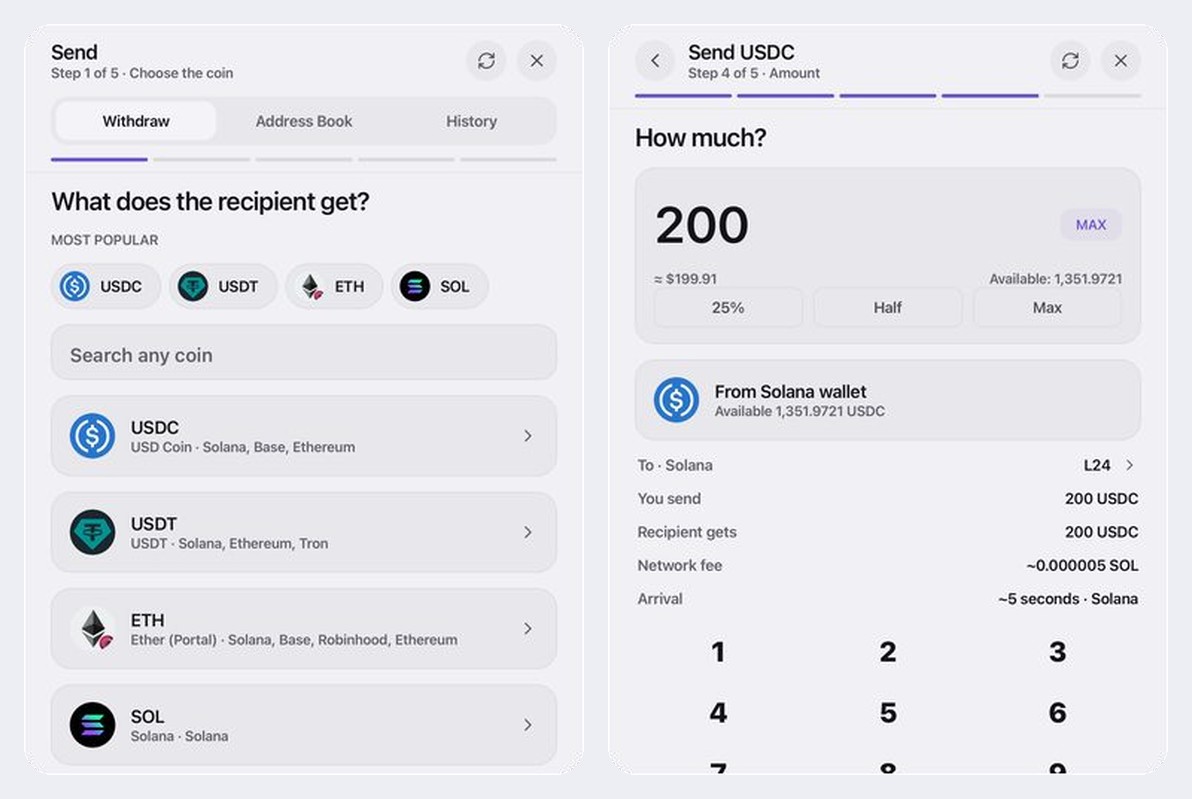 The new Send: choose the coin, then the amount