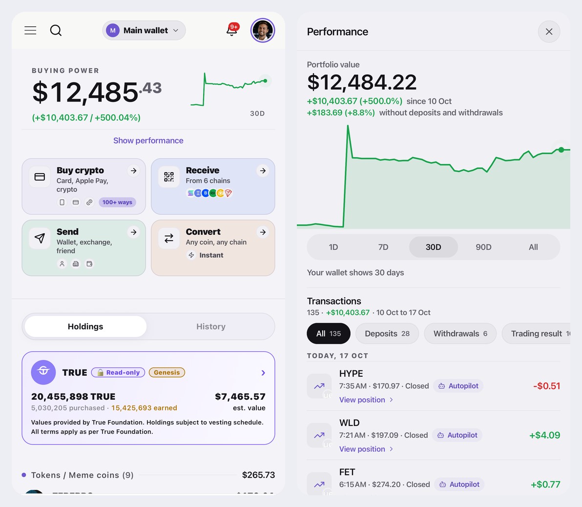 Wallets with the live buying power chart and the Performance view