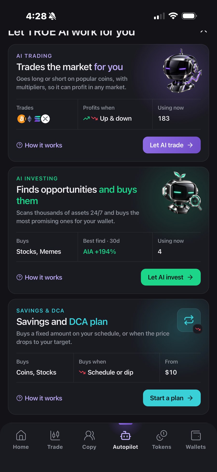 Üç kartlı Autopilot ekranı: yapay zekâ ile işlem, yapay zekâ ile yatırım ve DCA destekli birikim planı.