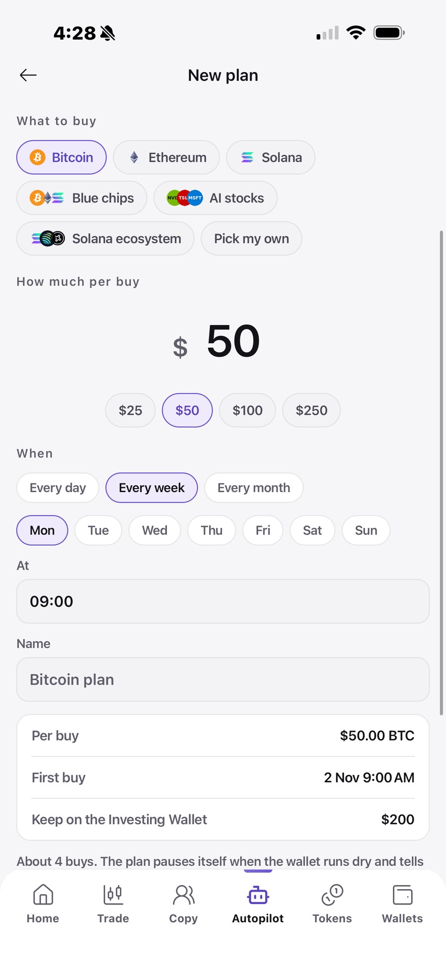 Haftalık birikim planı kuruluyor: Bitcoin, 50 dolar, her pazartesi 09:00, ilk alım 2 Kasım.