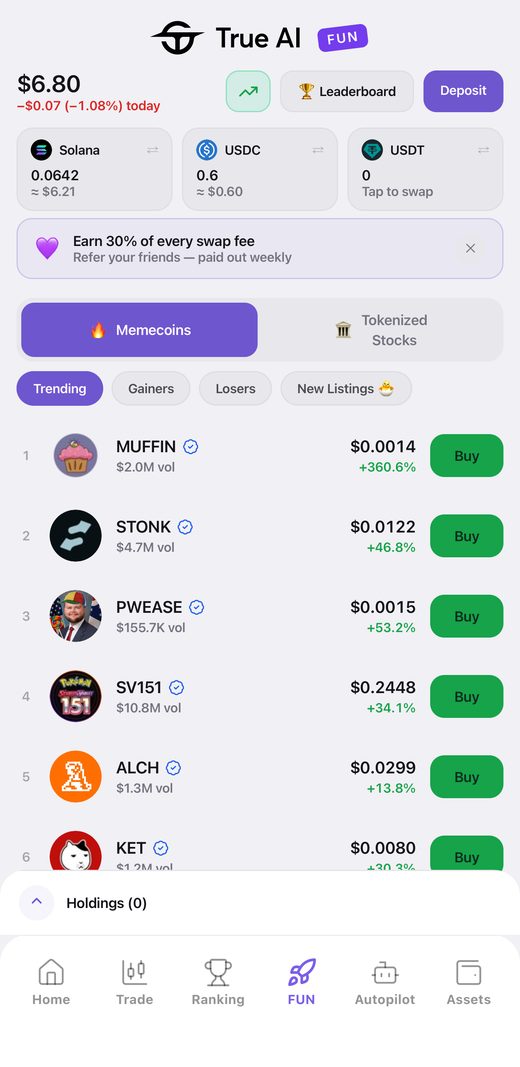 The TRUE FUN board: trending memecoins and tokenized stocks, live.