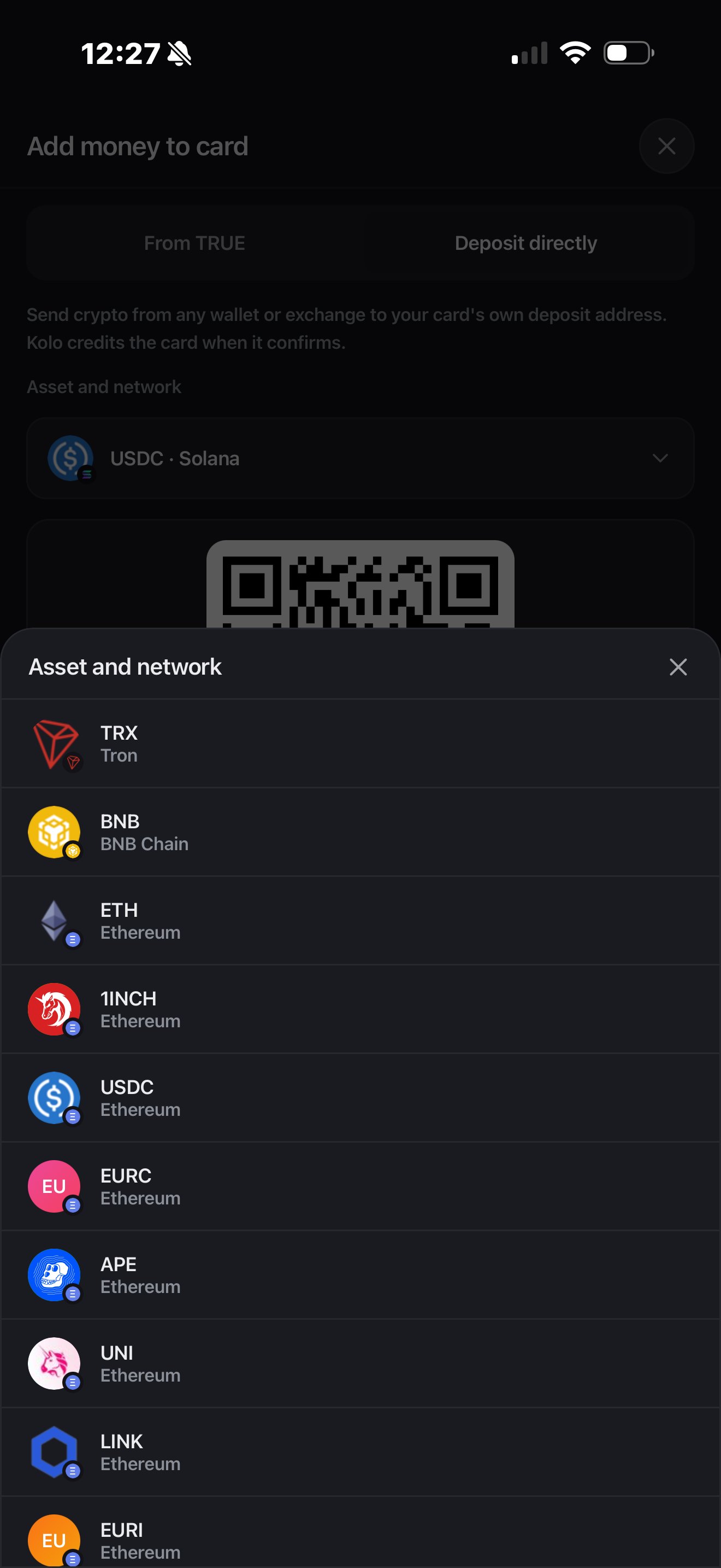 Выбор актива и сети для прямого депозита на карту: TRX на Tron, BNB на BNB Chain и ETH, 1INCH, USDC, EURC, APE, UNI и LINK на Ethereum.