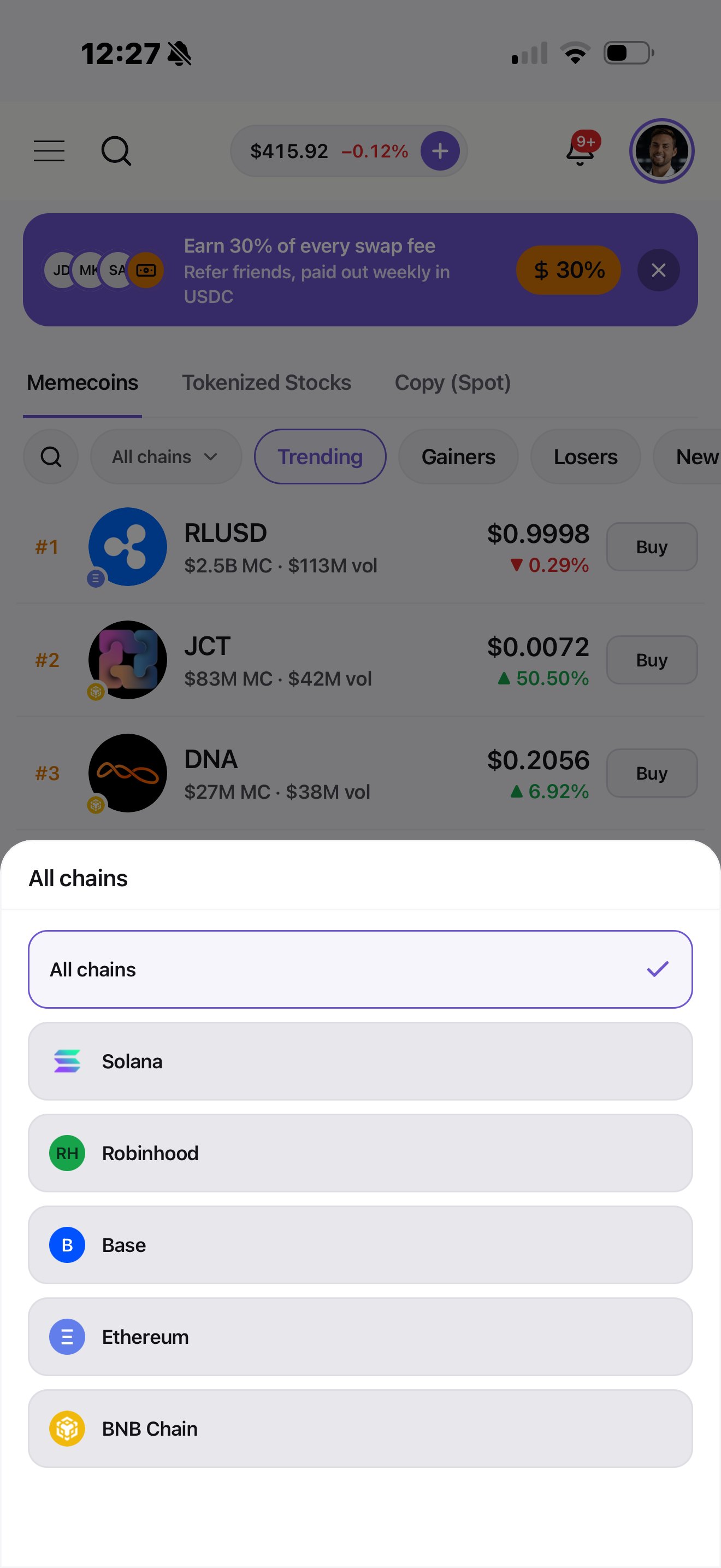Открытый фильтр по сетям: All chains, Solana, Robinhood, Base, Ethereum и BNB Chain.