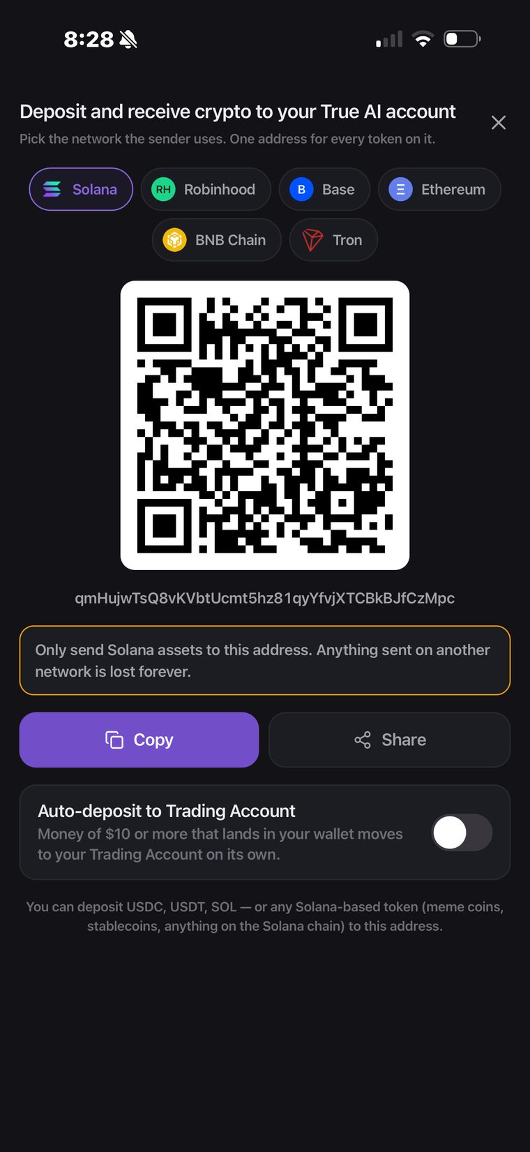 Deposit screen with Solana, Robinhood, Base, Ethereum, BNB Chain and Tron