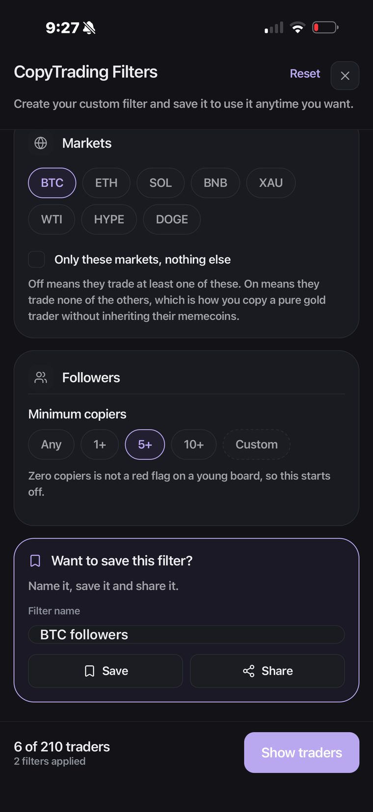 Markets and followers filters, and the save and share card