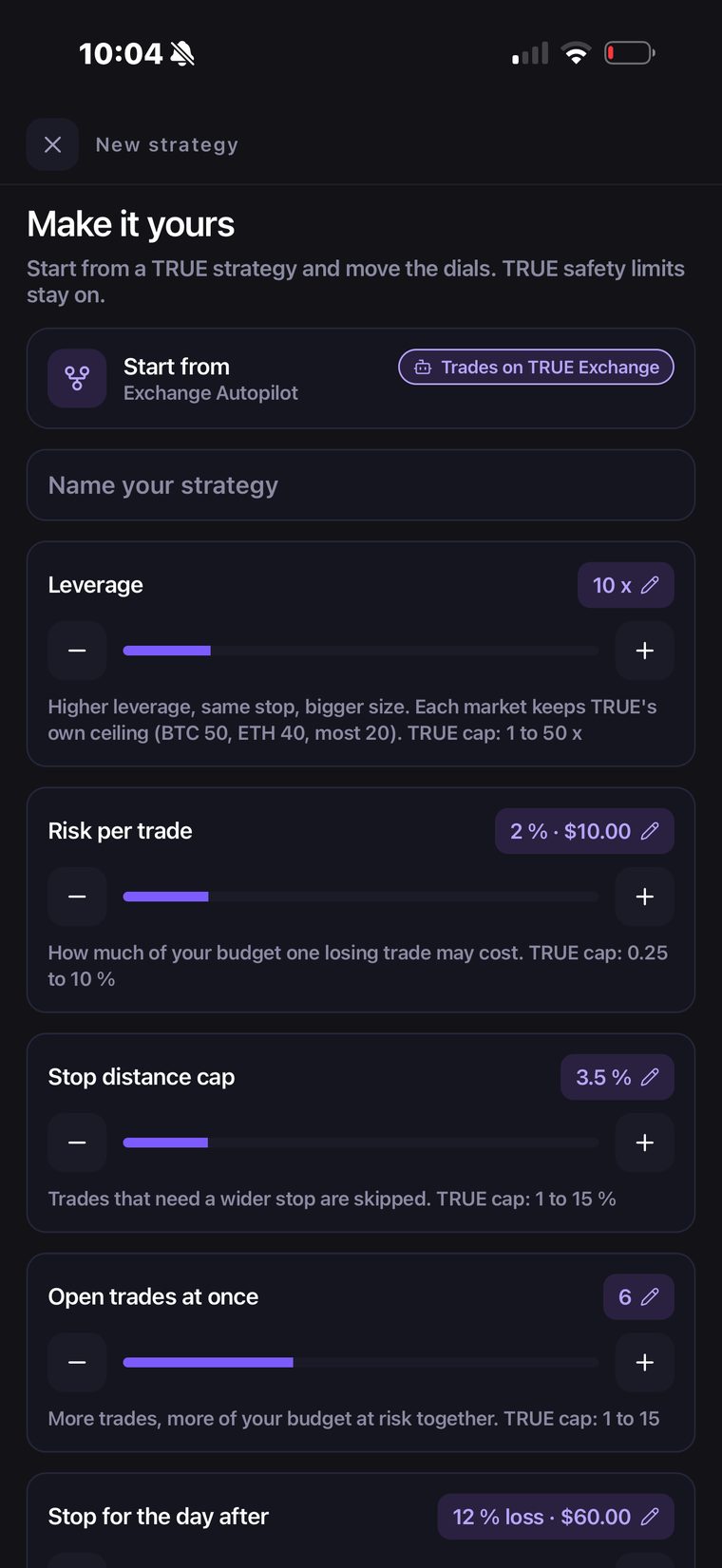 The strategy builder: leverage, risk per trade, stop distance and open trades