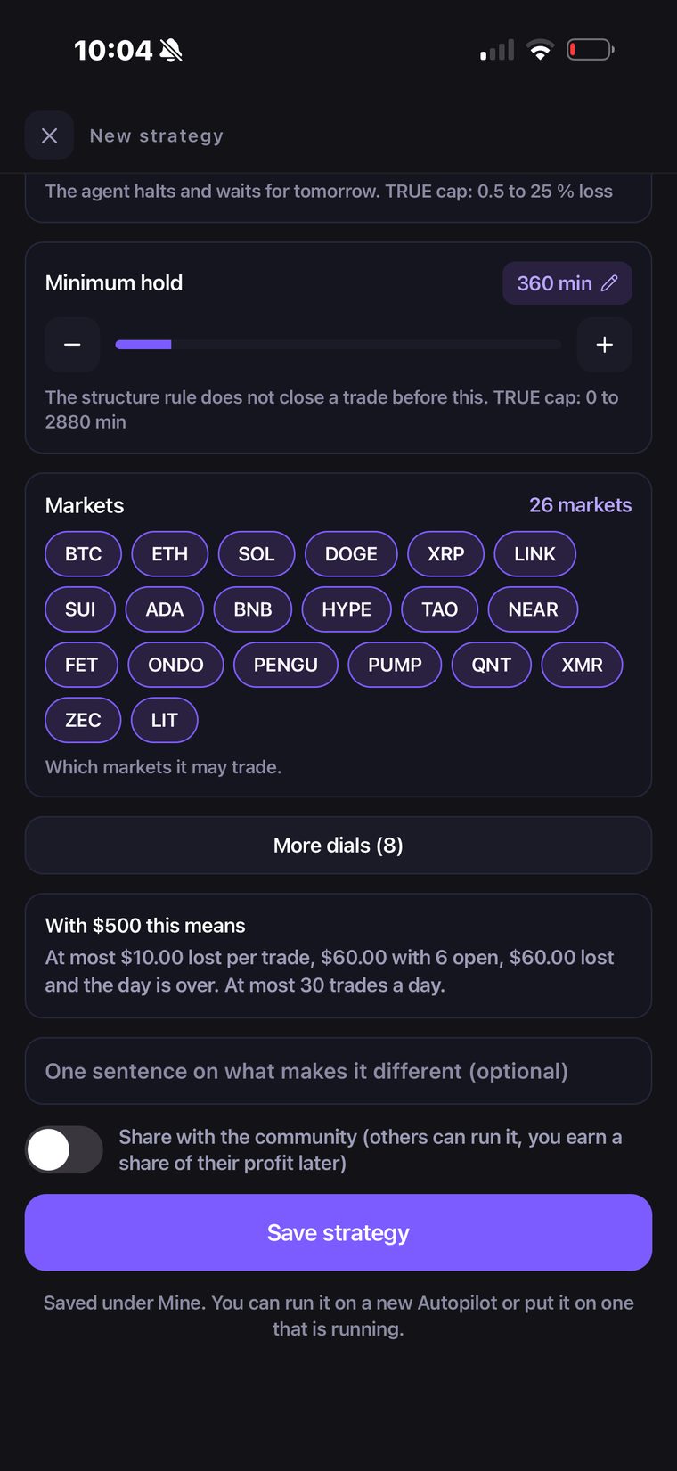 Markets, the plain-language summary of what the settings cost, and the share toggle