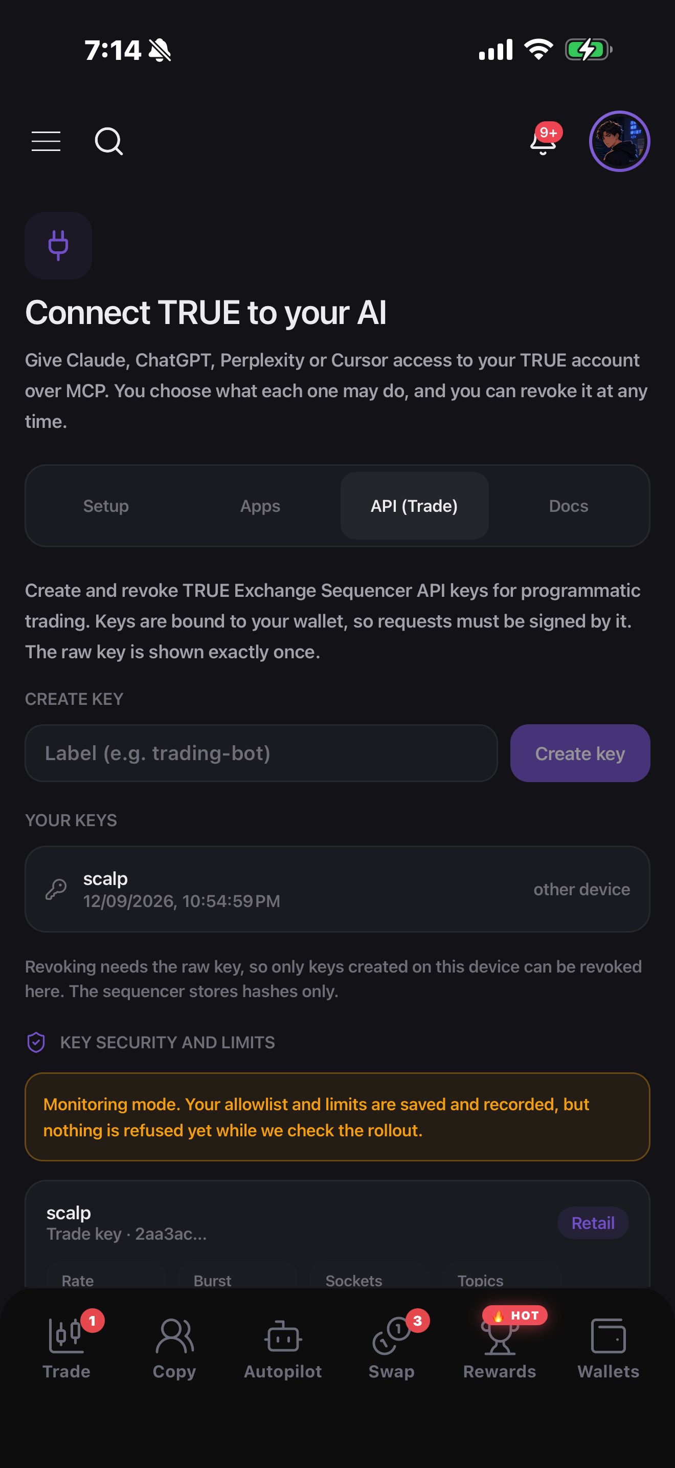 Trading API keys, bound to your wallet, with limits per key