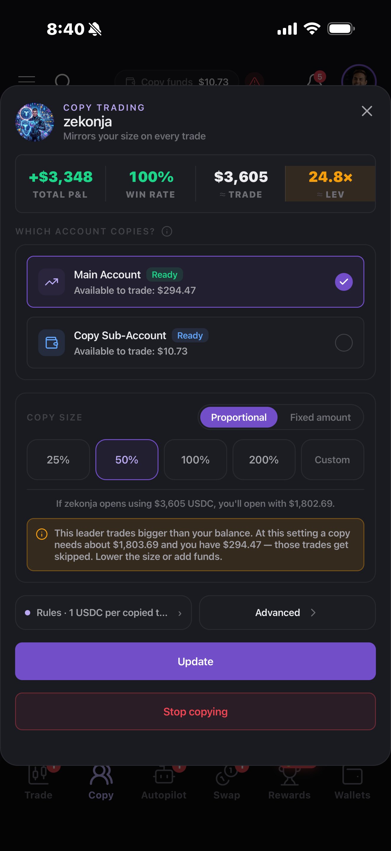 Copy sheet on the app: leader stats, which account copies, proportional or fixed copy size, and what your size will be