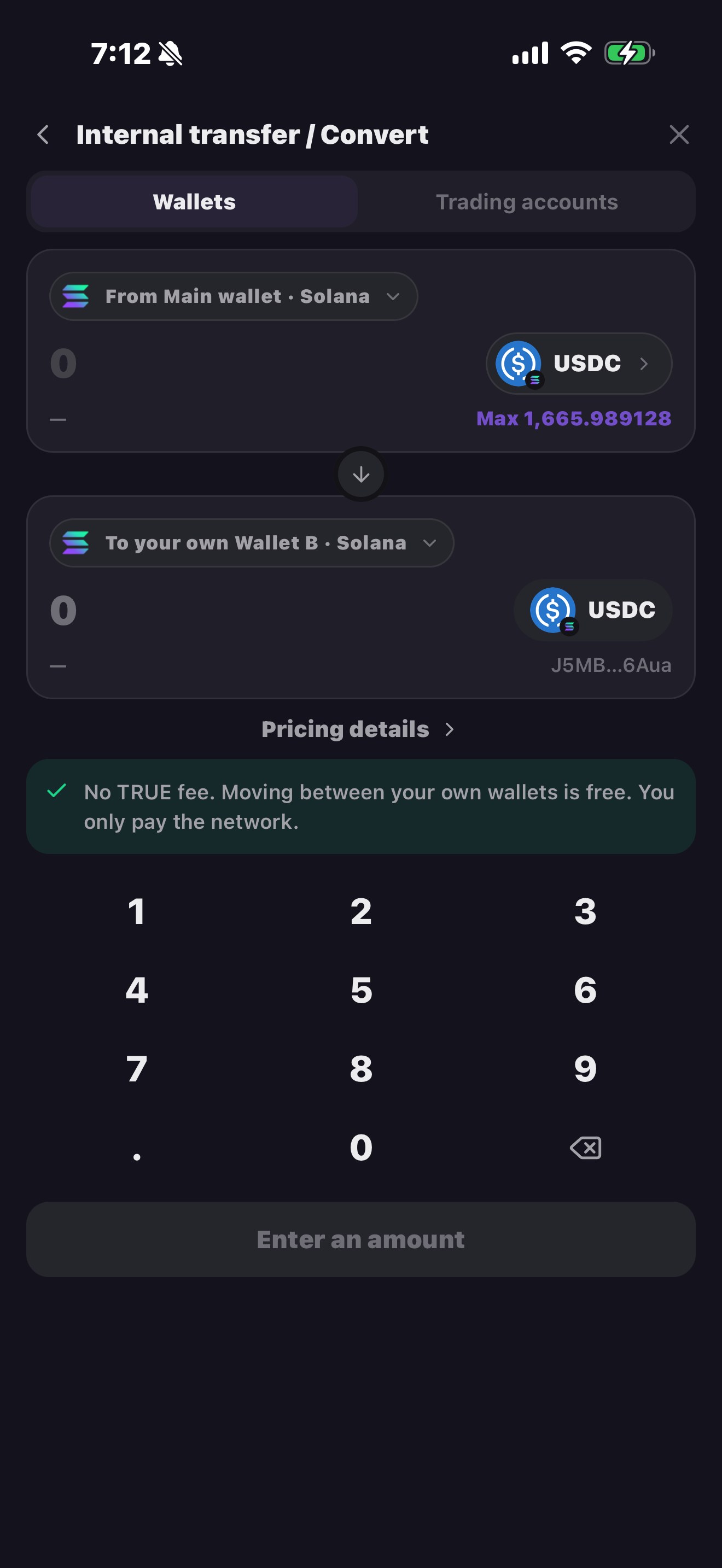 Internal transfer in the app: main wallet to your own wallet, no TRUE fee