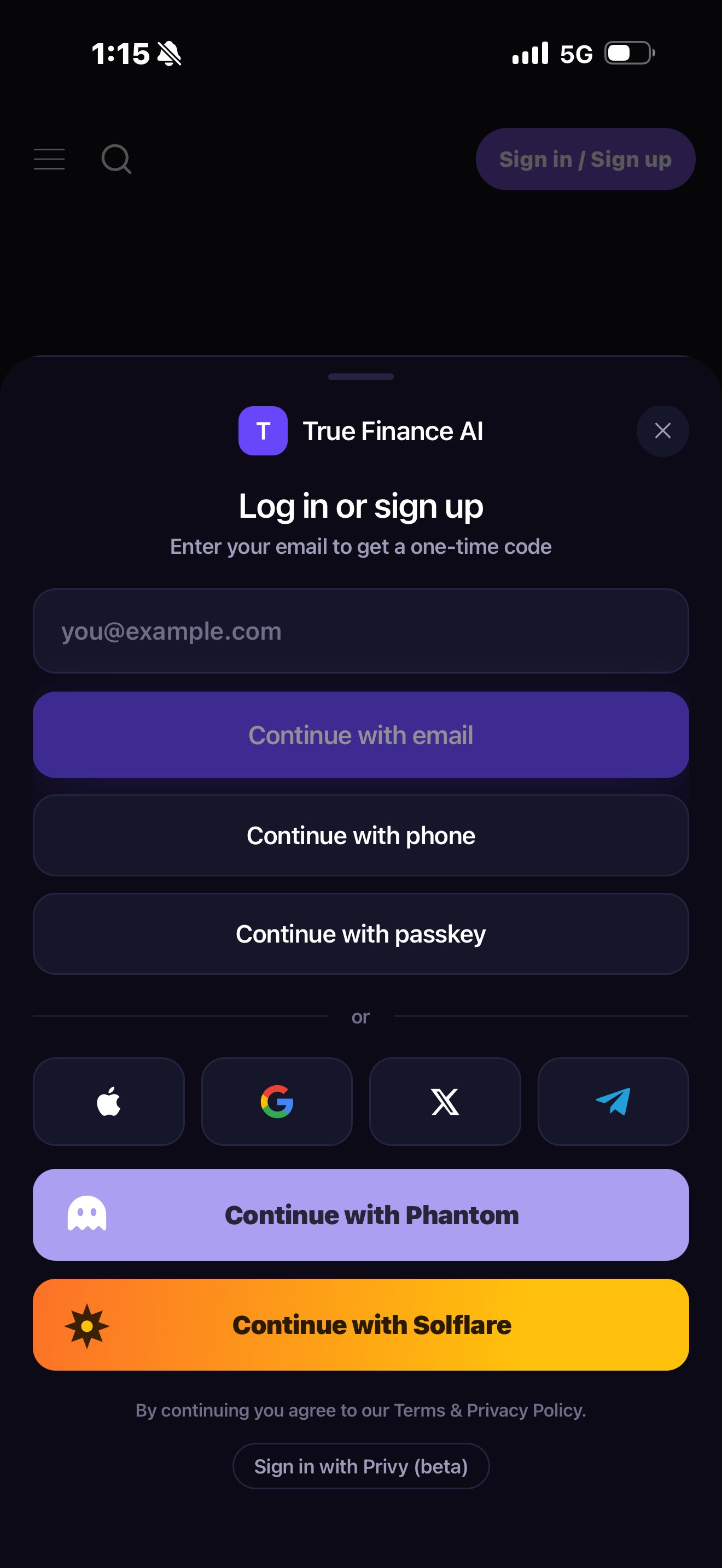 Log in or sign up on the app: email, phone number or passkey, plus Apple, Google, X, Telegram, Phantom and Solflare