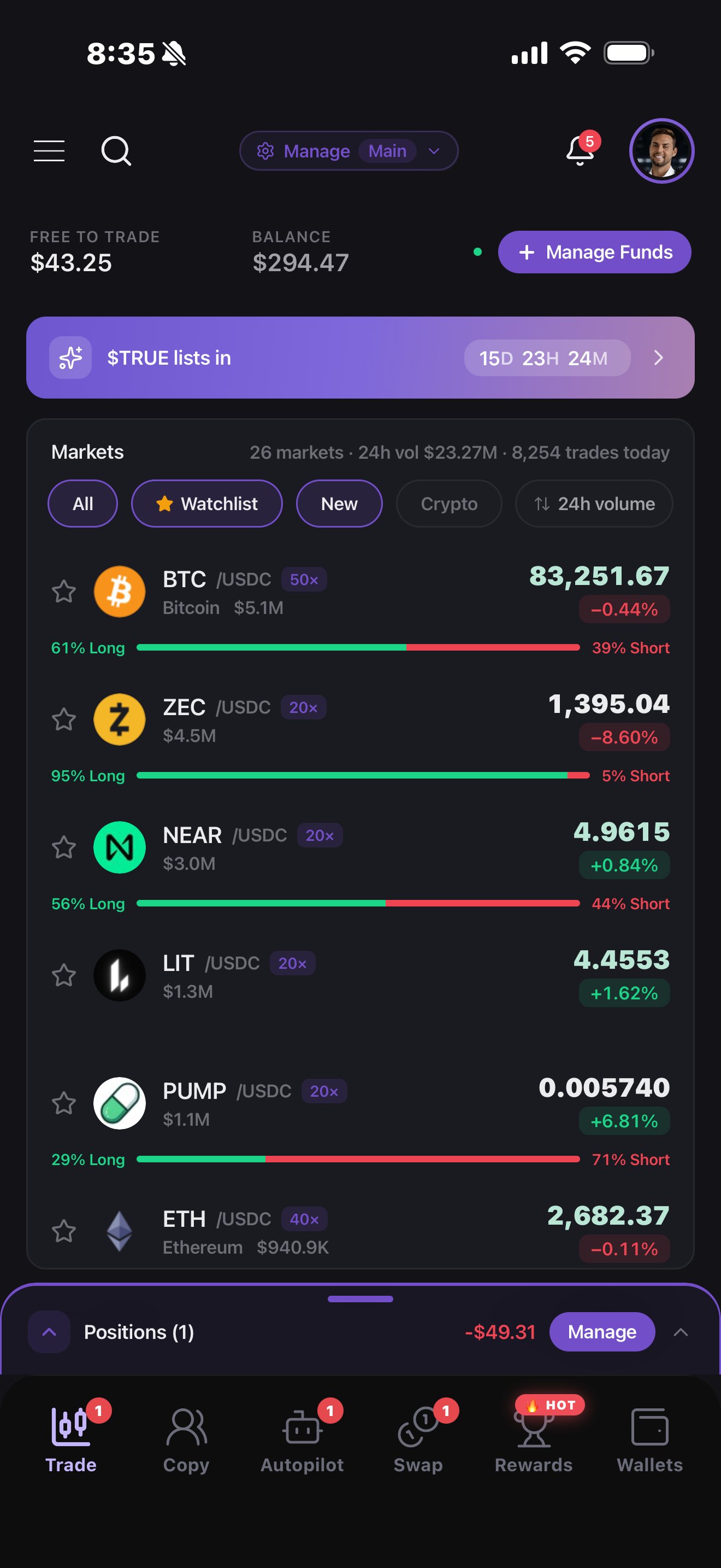 TRUE Exchange markets on the app: BTC, ZEC, NEAR, LIT, PUMP, ETH with leverage, 24h volume and the live long/short split