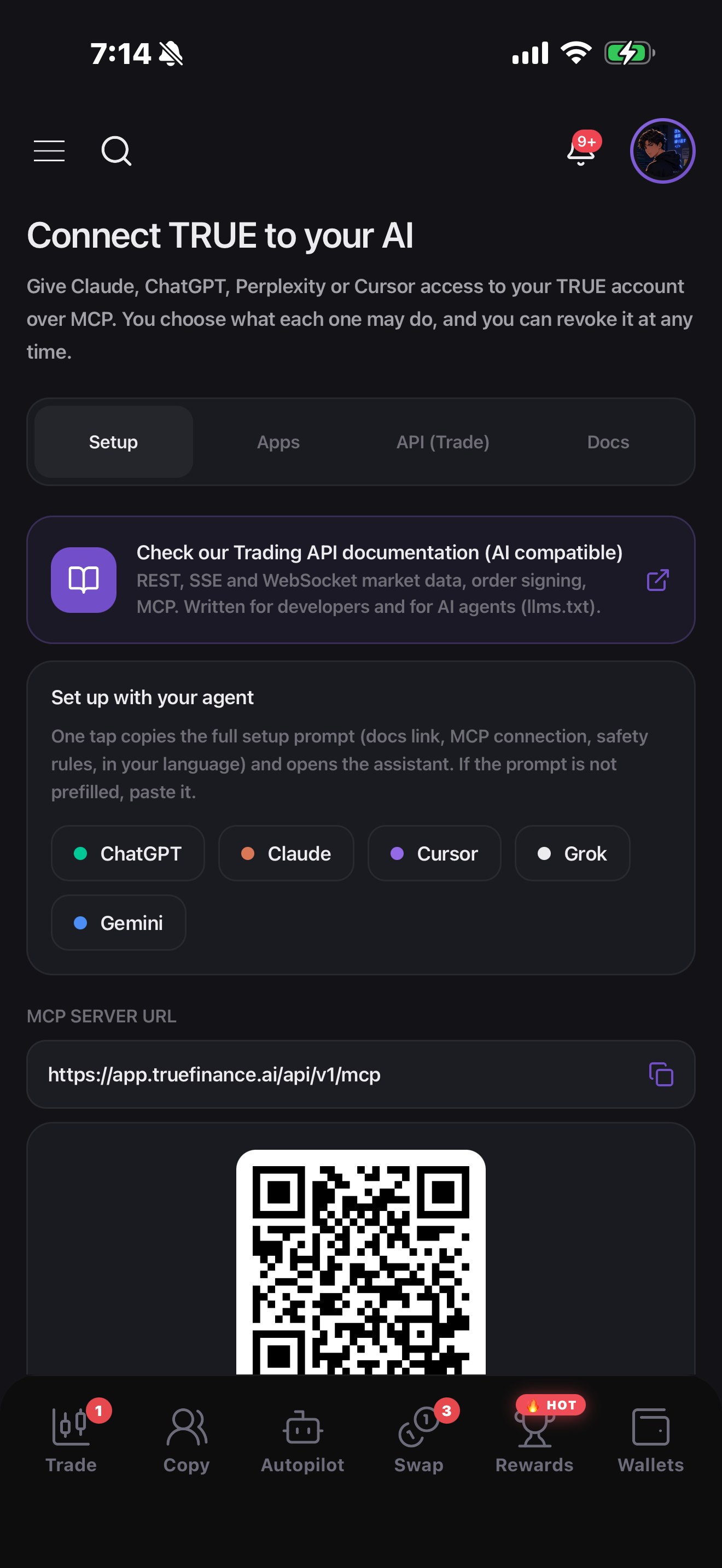 Connect TRUE to your AI: one tap sets up ChatGPT, Claude, Cursor, Grok or Gemini over MCP