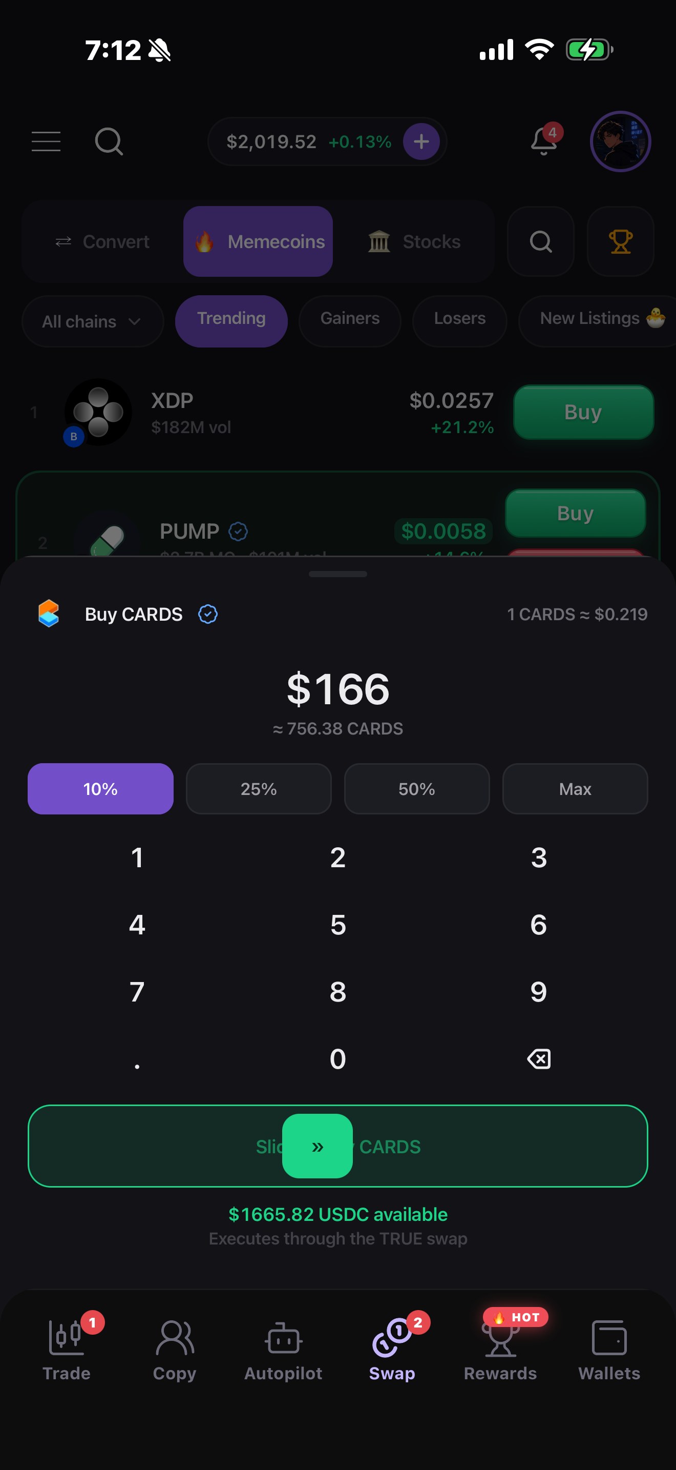 Buy sheet: pick a size, slide to buy