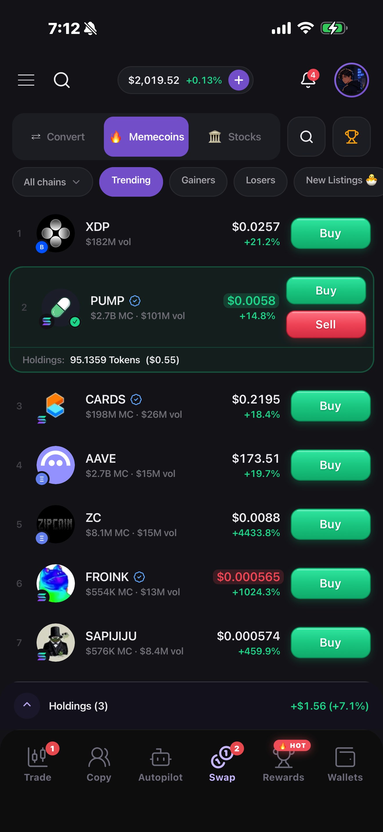 Memecoins in the app: trending, gainers, losers and new listings, buy from the list