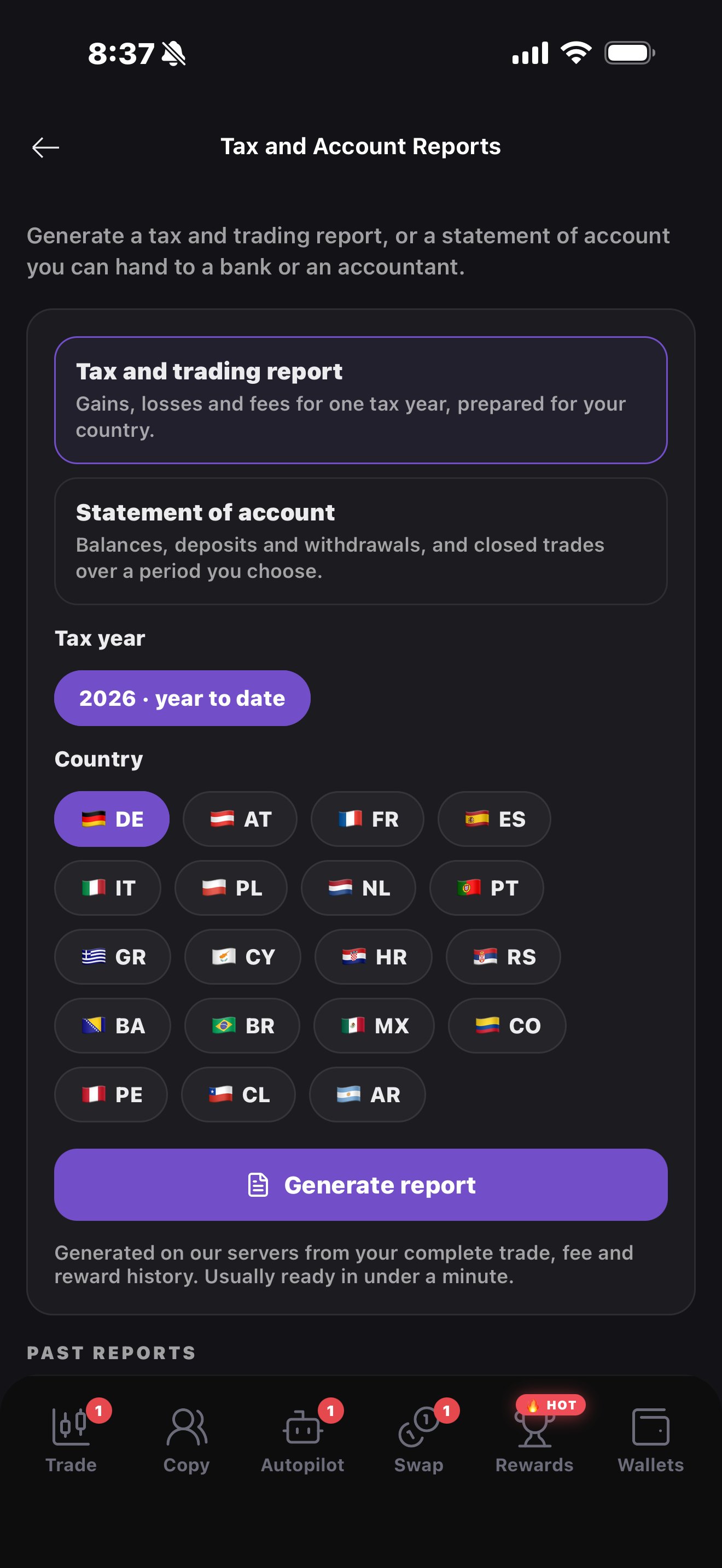 Tax and account reports on the app: tax and trading report or statement of account, tax year, country, generate report