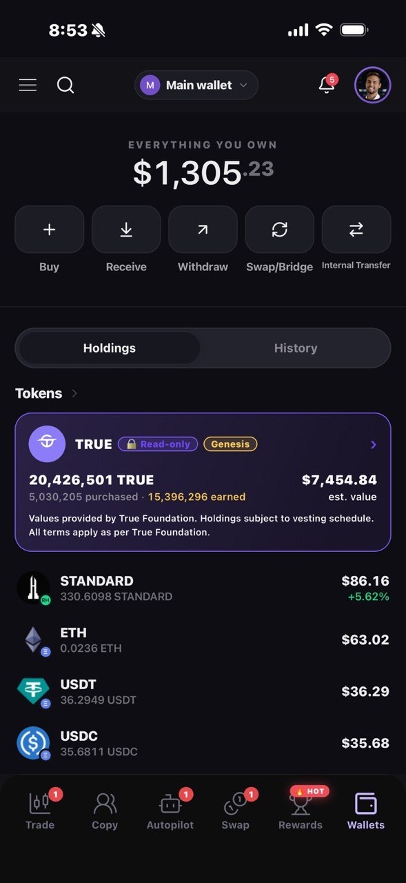 The new wallet home on the app: everything you own, Buy, Receive, Withdraw, Swap/Bridge and Internal Transfer, TRUE holdings, tokens with their chain marks