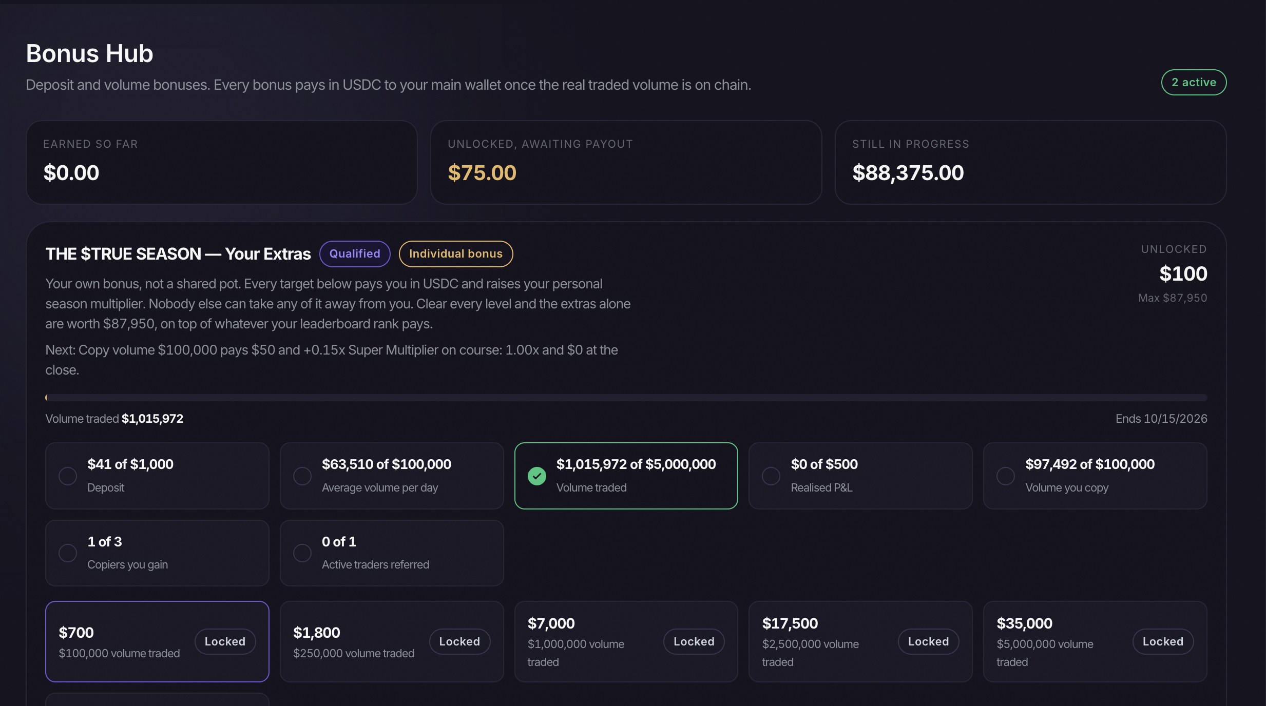 The Bonus Hub on web: every campaign you are in, every target, and what each one pays
