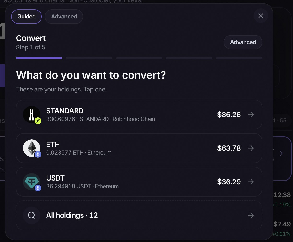 Guided convert on web, step 1 of 5: your holdings across chains, tap one