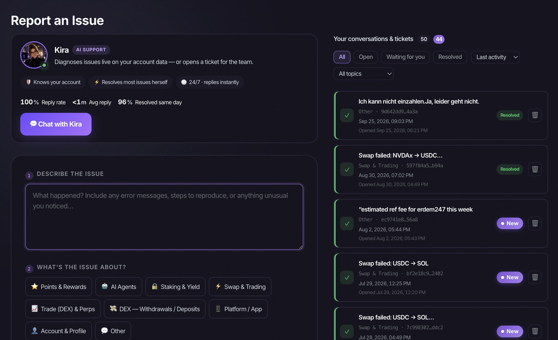 Report an issue on the web: chat with Kira, describe the issue, pick a topic, and your conversations and tickets with filters, sorting, status and delete