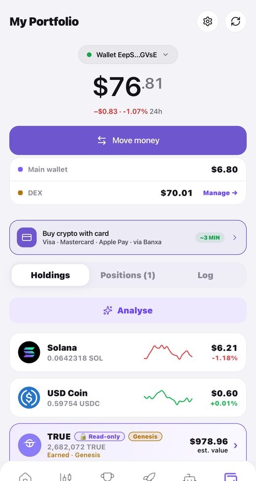 Alle Wallets in einer Portfolio-Ansicht, mit einem Button zum Umbuchen.