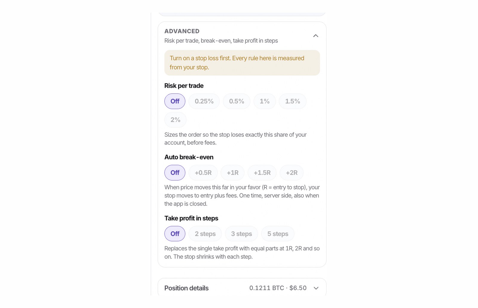 The Advanced panel on the order ticket: risk per trade, automatic break even and take profit in steps.