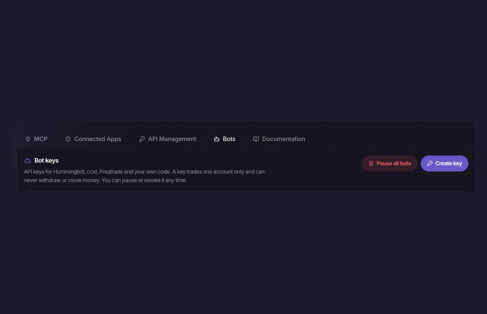The Bots tab: bot keys for Hummingbot, ccxt, Freqtrade and your own code, with Pause all bots and Create key.