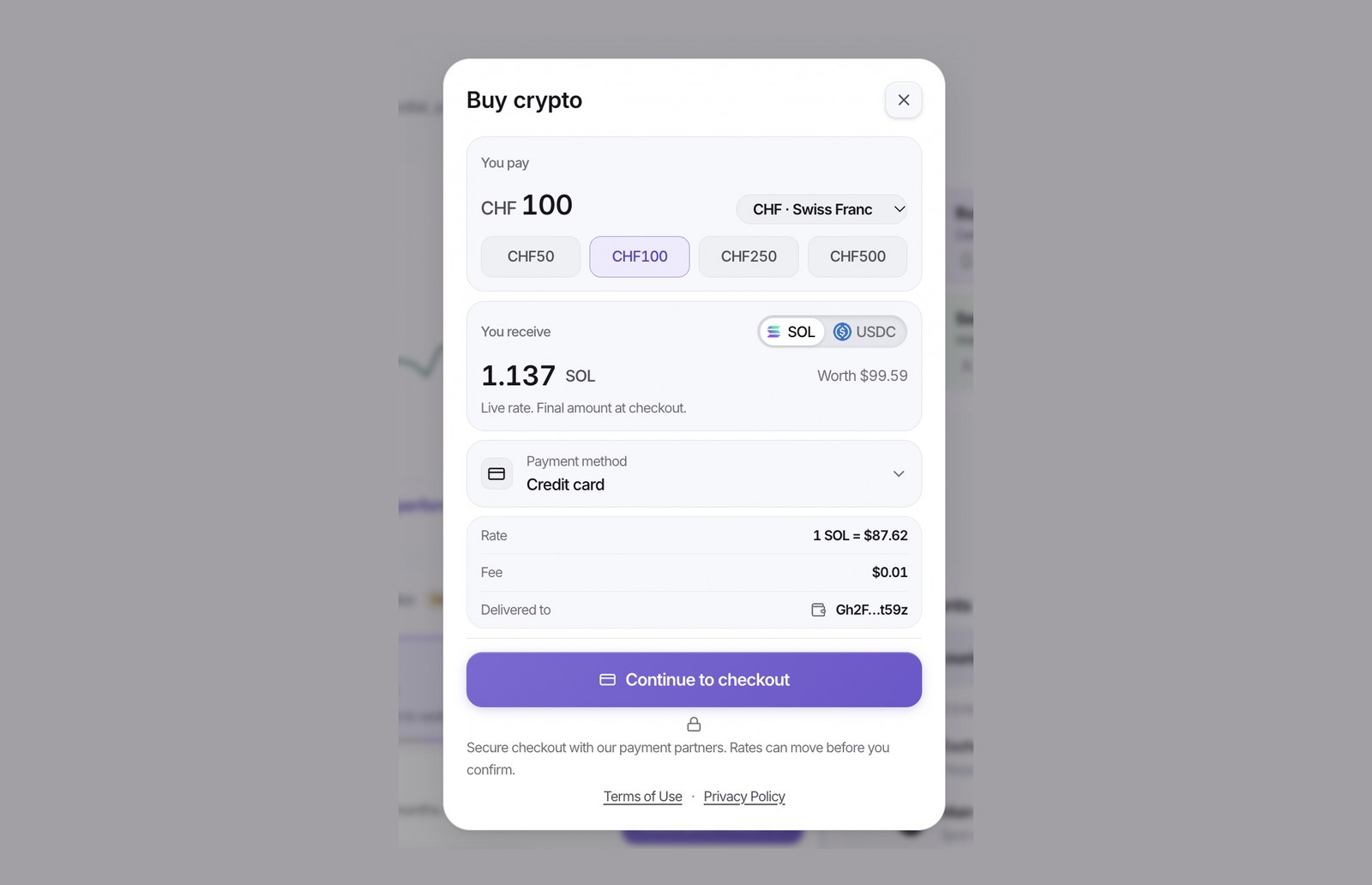 Buy crypto: pay 100 Swiss francs by credit card and receive SOL, with the live rate and the fee shown before checkout.