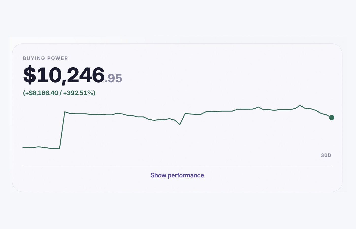Buying power across every asset you hold, with the 30 day curve and a link to the full performance view.