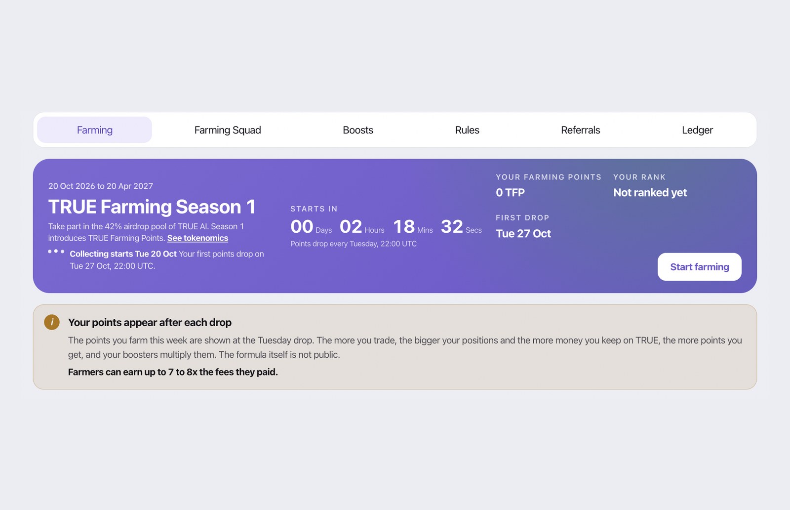 TRUE Farming Season 1 on the Farming tab: the season dates, the countdown to the first drop, your points and your rank.