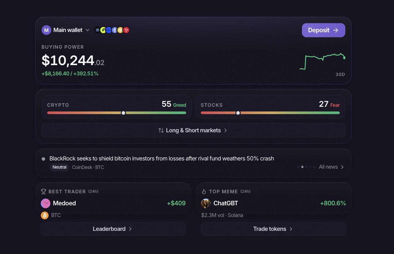 The new home screen: buying power, crypto and stock market mood, live news, the best trader and the top memecoin of the day.