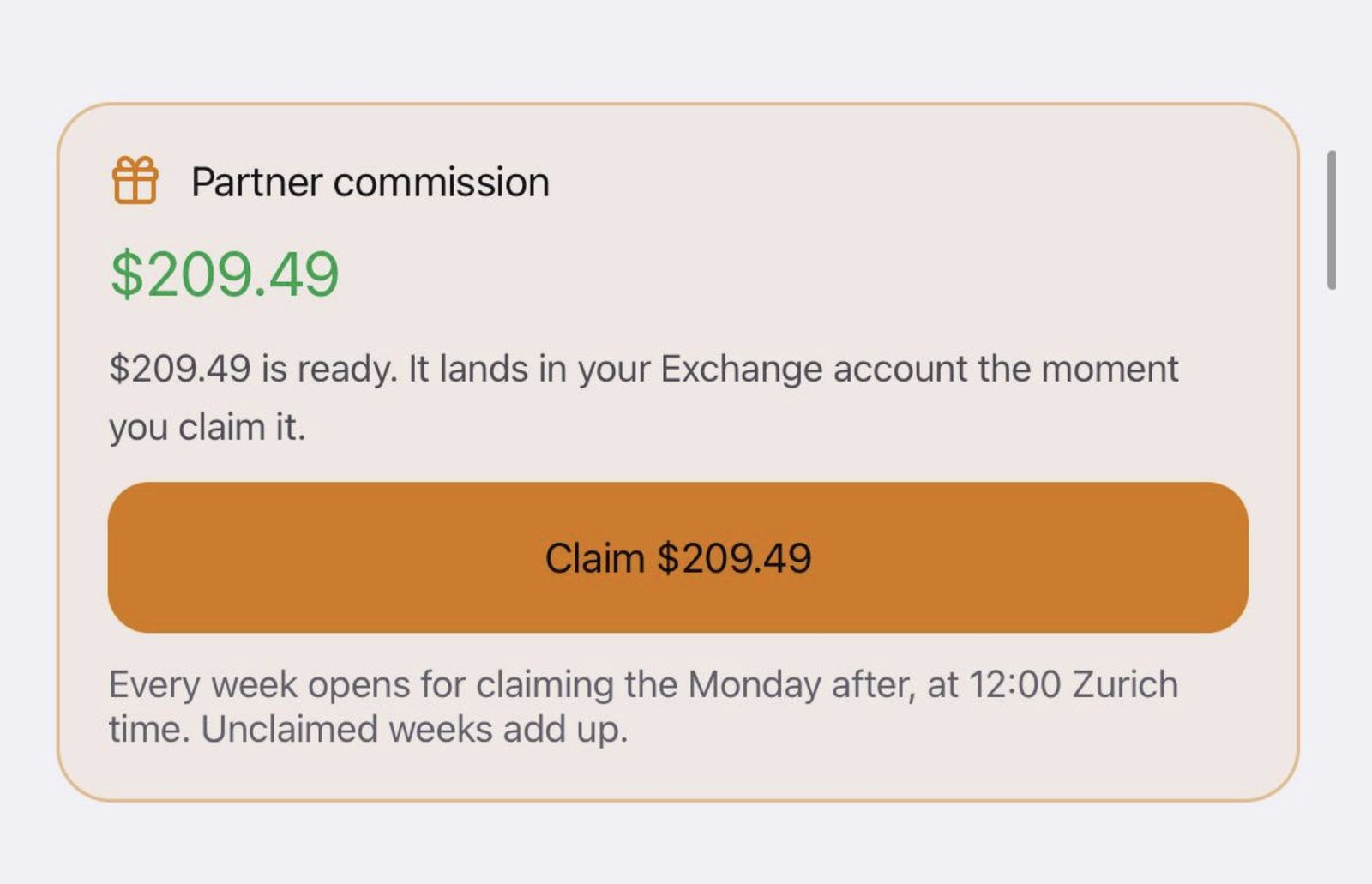 The partner commission card: the amount ready to claim, the claim button, and a note that every week opens on the Monday after.