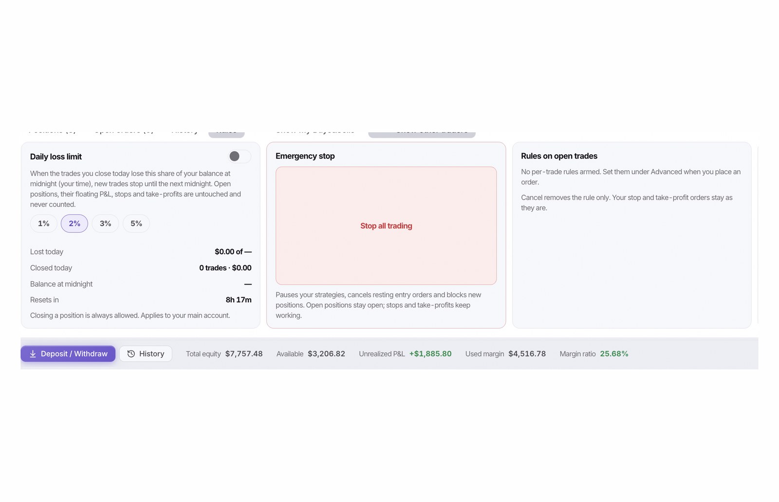 The Rules tab: daily loss limit, the emergency stop that halts all trading, and the per trade rules armed on open positions.