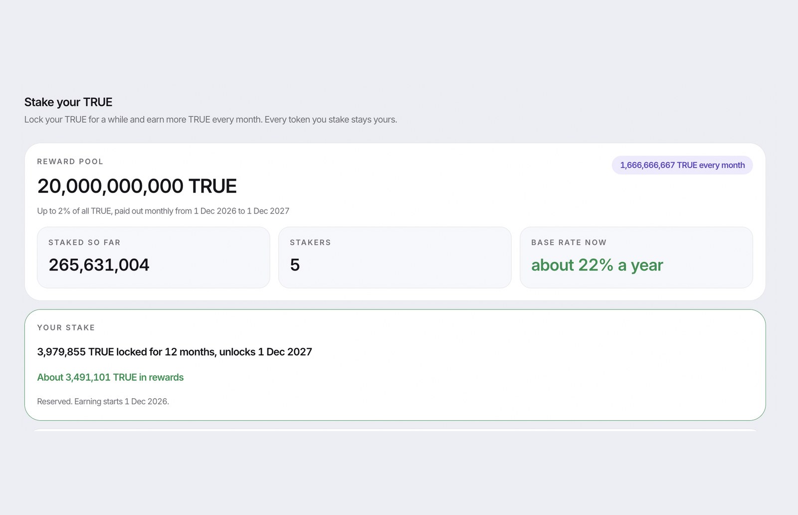 The Stake your TRUE screen: the reward pool, what is staked so far, the base rate and your own locked stake.